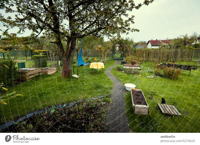 Kleingarten im Halbschlaf abend ast baum blühen blüte dunkel dämmerung erholung erwachen ferien frühjahr frühling frühlingserwachen hecke himmel kleingarten