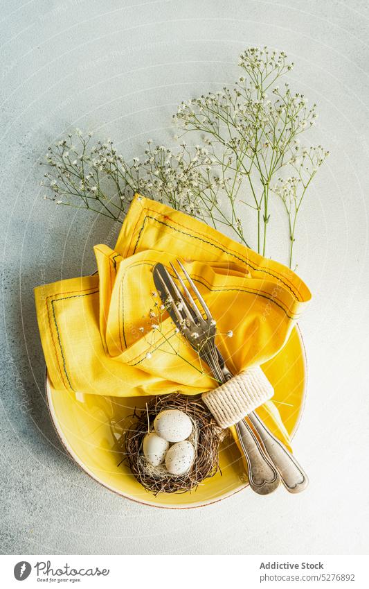 Gedeck für das Osteressen Einjähriges Schleierkraut Ostern Blütezeit Konzept Nest Nackenhörnchen Dekor Dekoration & Verzierung Essgeschirr Besteck Gabel Eier