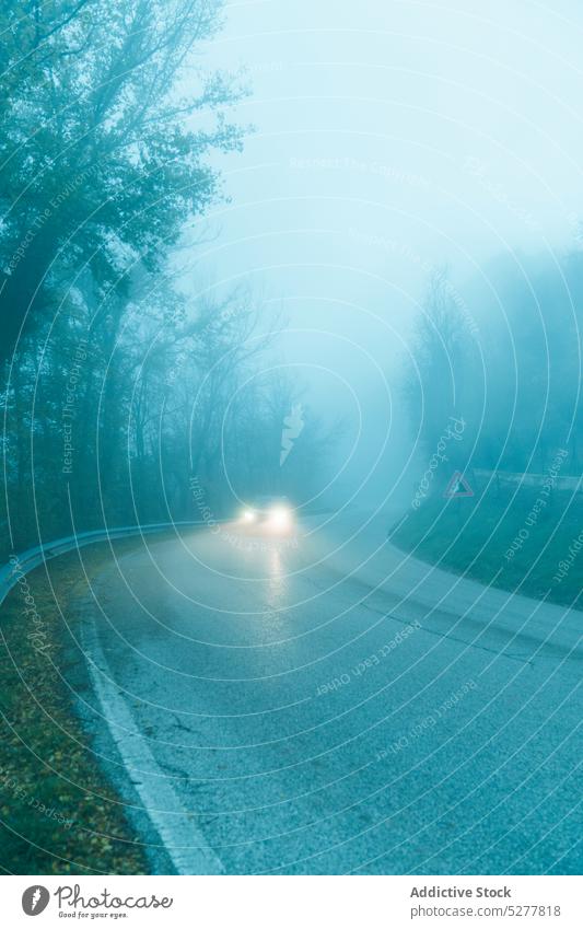 Autofahrt auf Asphaltstraße PKW Nebel Straße glühen Scheinwerfer Fahrzeug Landschaft santa vittoria in matenano Italien Verkehr Natur malerisch Himmel Dunst