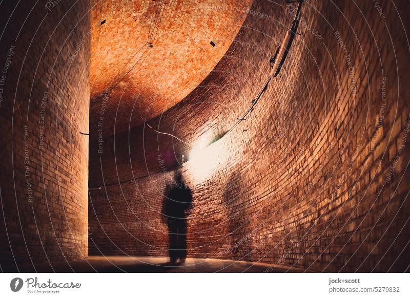 Haltung im Gang Gewölbe Architektur historisch Schatten Backsteinwand Silhouette Gegenlicht Bewegungsunschärfe Wand hoch Wege & Pfade Symmetrie rund