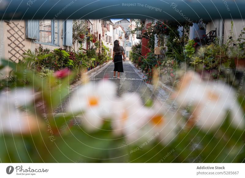 Frau in einer engen Gasse in der Altstadt stehend Straße Stadt wohnbedingt Haus Pflanze Blume Blütezeit Dekor Großstadt Gebäude Straßenbelag Flora Sommer Stil