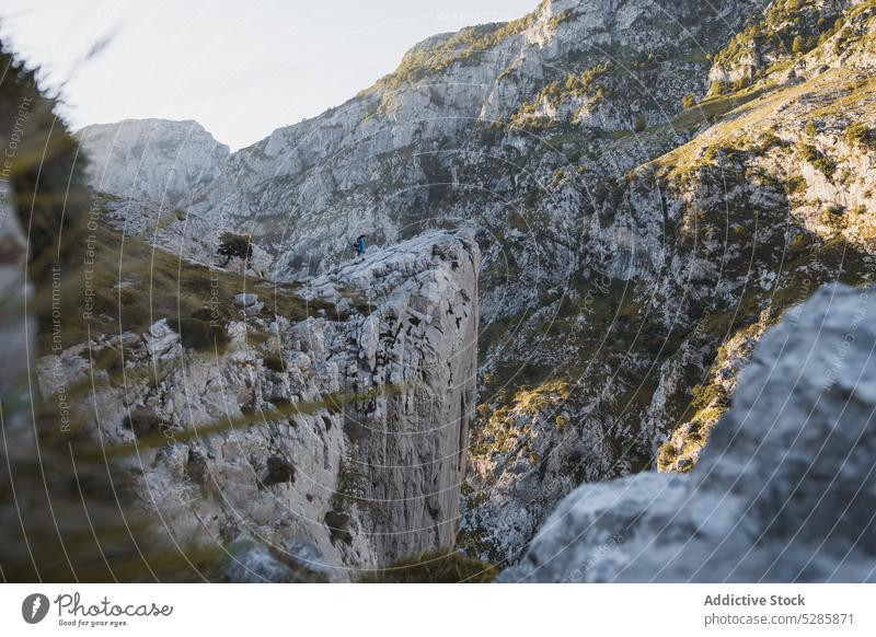 Felsformationen in bergigem Gelände an einem sonnigen Tag felsig Berge u. Gebirge Natur Hochland Landschaft rau Umwelt Felsen Formation Kamm Moos Gras malerisch