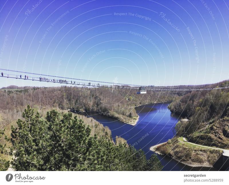 Mutprobe Hängebrücke Aussicht Urlaub See spektakulär oben Außenaufnahme Ferien & Urlaub & Reisen Natur Wasser Landschaft Himmel atemberaubend erstaunlich Harz