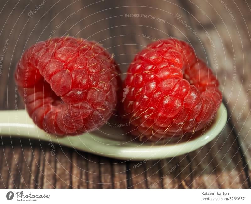 Zwei Himbeeren auf einem Löffel Hintergrund Beeren Frühstück Nahaufnahme Konzept Textfreiraum lecker Dessert Diät Essen Lebensmittel Lebensmittelkonzept frisch