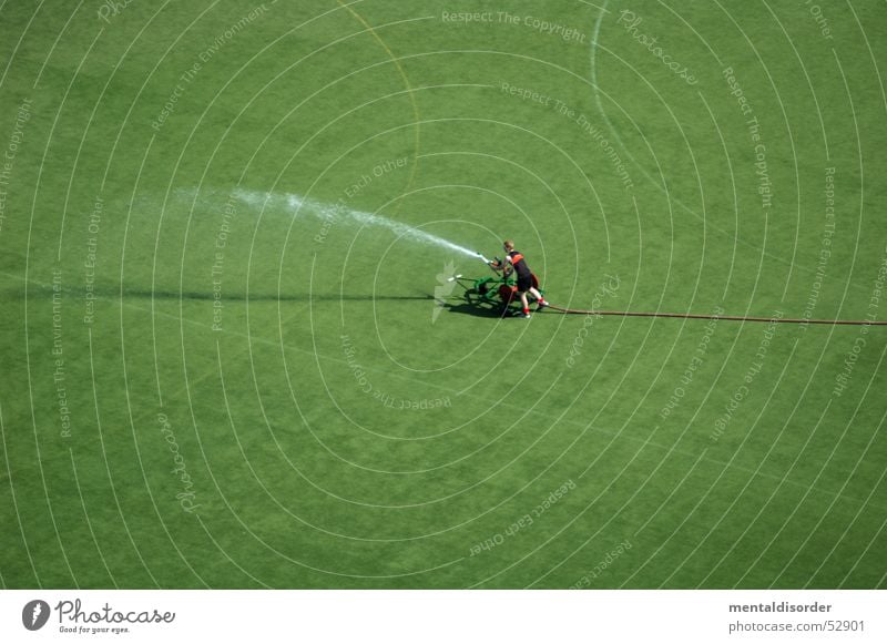 Explosiv Feldhockey sprengen gießen Tennis Helfer Mann nass grün Wasserfontäne Gras Schlauch Arbeit & Erwerbstätigkeit Baseball liquide Spray Sommer Rasen