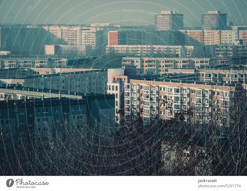 Platte Aussicht am Wintertag über Marzahn Plattenbau Großwohnsiedlung Hochhaus DDR-Architektur Fassade Berlin Tristesse Vogelperspektive Wohnhochhaus