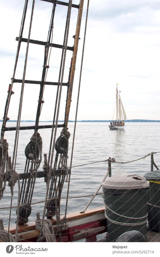 Segeln an der Atlantikküste. Segelboot in der Ferne. Abenteuer amerika Wasserbucht blau Boot Boom Schleife ruhiges Wasser camden Kapitän Cloud Küste Küstenlinie