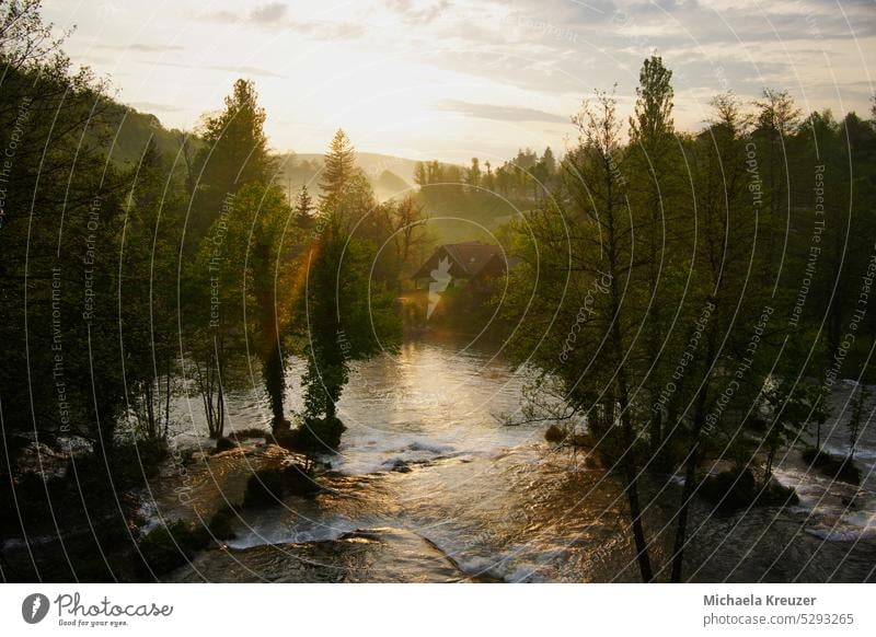 märchenhafte flusslandschaft mit nebelschwaden nach einem tag mit regen, abendstimmung verzauberter ort mystisch frisches grün von den bäumen sonnenstrahlen