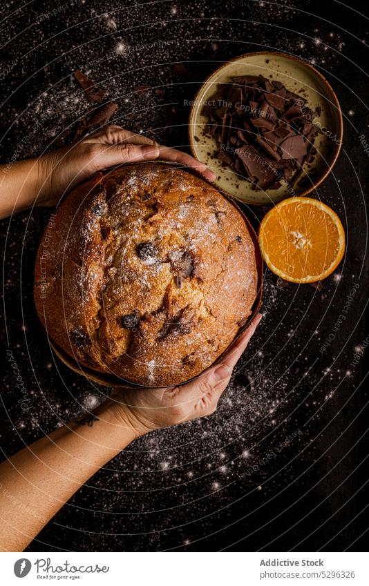 Frau hält einen leckeren Panettone, einen berühmten italienischen Weihnachtskuchen mit Schokolade Brot Lebensmittel Bäckerei Feiertag traditionell Kuchen