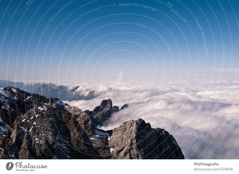 Grenzen Klettern Bergsteigen Landschaft Himmel Wolkenloser Himmel Herbst Nebel Felsen Alpen Berge u. Gebirge Dachsteingruppe Gipfel Schneebedeckte Gipfel