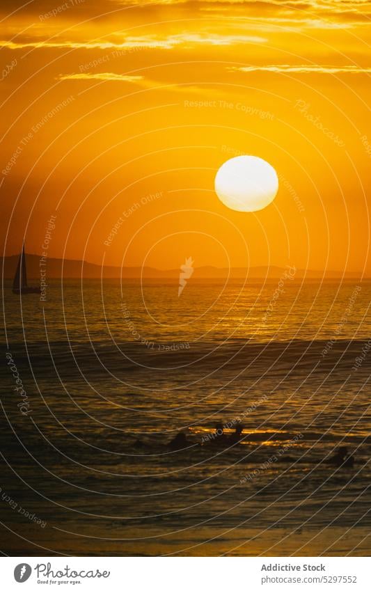 Einsames Segelboot auf dem Meer MEER Sonnenuntergang Schwimmer Jacht Meereslandschaft Himmel Abend Boot Landschaft Dämmerung Natur Windstille malerisch