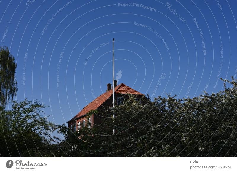 Haus mit Fahnenstange hinter Bäumen Ziegeldach Schornsteine Himmel Mehrstöckig Dach Architektur Gebäude Dachziegel historisch Bauwerk Fenster Menschenleer