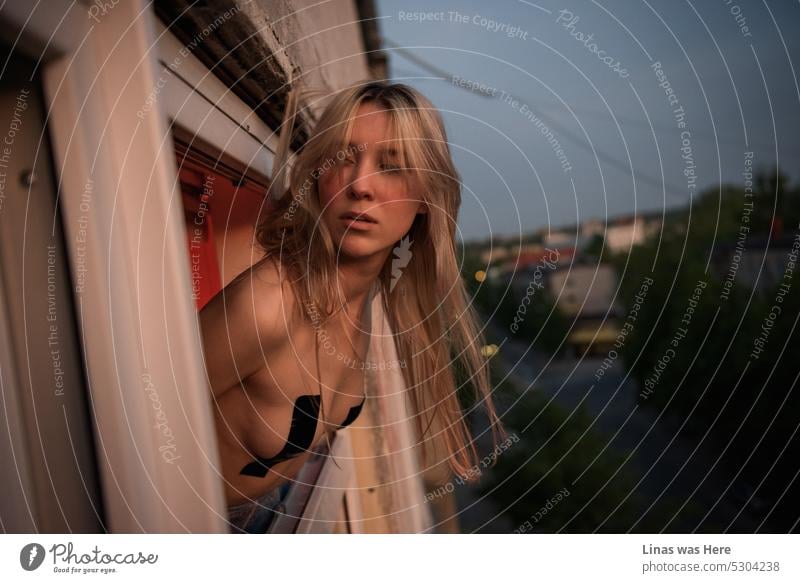 Es wird dunkel in der Stadt. Ein Blick aus dem Fenster. Ein wunderschönes nacktes blondes Mädchen, das sich wild und frei fühlt. Ein erotischer Modelltest mit einer hübschen jungen Frau. Nackte Kunst mit einem Hauch von Alltagsleben.