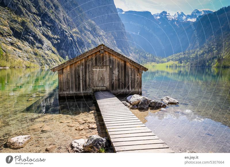 Hütte am See Bootshaus Holzsteg Holzhaus Holzhütte Einsamkeit ruhig Idylle Ferien & Urlaub & Reisen Menschenleer Landschaft Erholung Natur Obersee Königssee