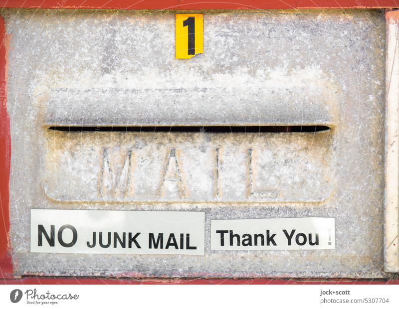 NO JUNK MAIL Thank You nein Post danke Englisch Schriftzeichen Großbuchstabe Typographie Rahmen Wort Schilder & Markierungen authentisch Hinweis retro