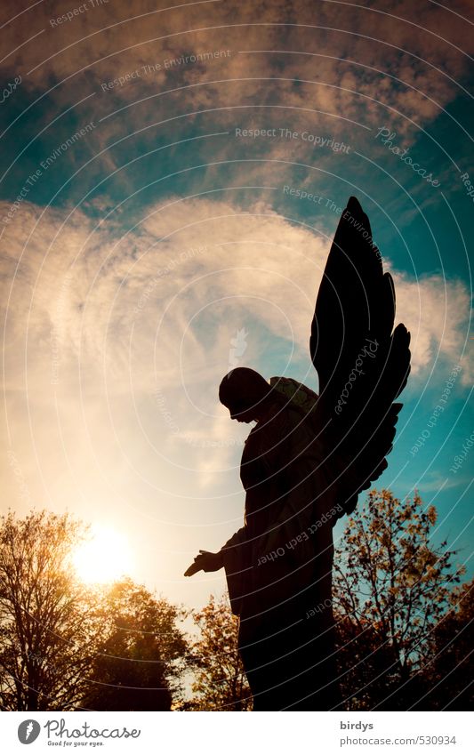 Himmlische Exekutive Skulptur Engel Himmel Wolken Gewitterwolken Sonnenaufgang Sonnenuntergang Herbst Baum ästhetisch bedrohlich dunkel blau gelb schwarz