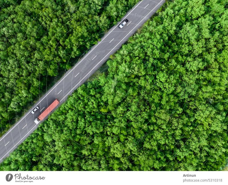 Luftaufnahme eines Autos und eines Lastwagens, die auf einer Autobahn in einem grünen Wald fahren. Nachhaltiger Transport. Drone Ansicht von Wasserstoff-Energie-LKW und Elektrofahrzeug fahren auf Asphalt Straße durch grünen Wald.