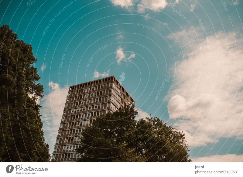 [Hansa BER 2022] Dem Himmel entgegen geneigt Haus Muster Bäume Stadtleben Geometrie Blauer Himmel retro Großstadt Wohnung Wohnhaus Hansaviertel