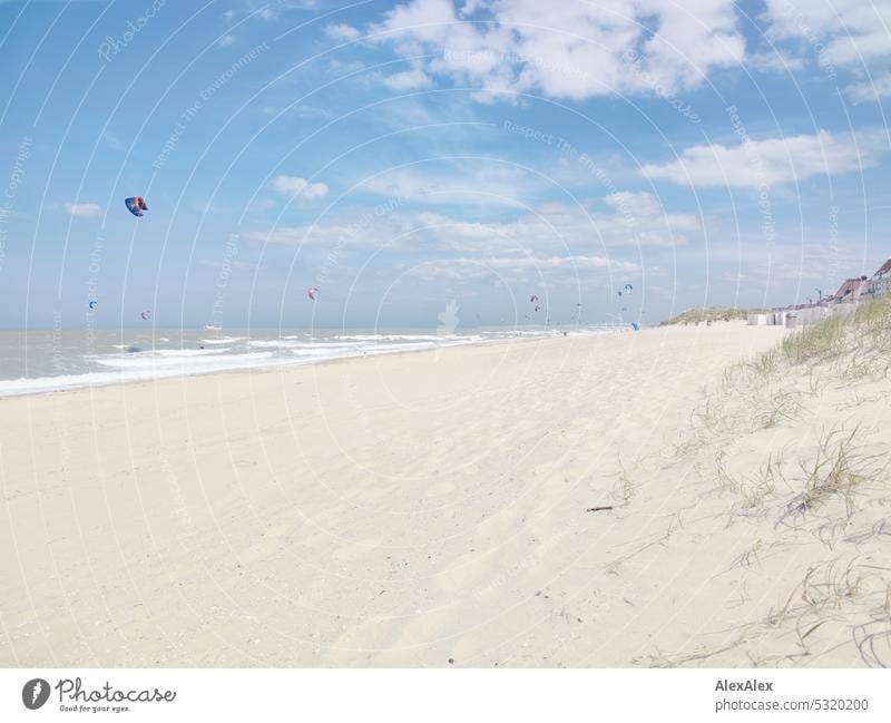 Nordseestrand und Düne mit schönen Wellen und Kitesurfern an einem tollen Sommertag Strand Meer Küste blauer Himmel Sand Natur Blauer Himmel Landschaft