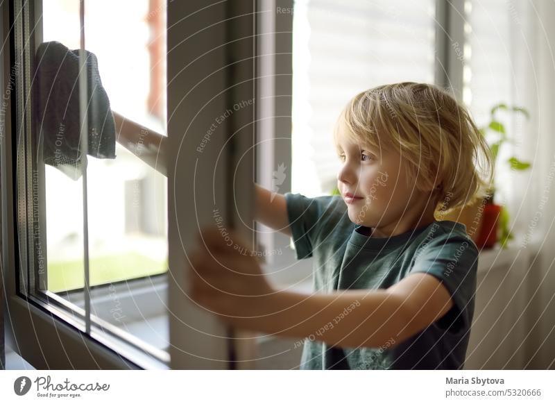 Niedlicher kleiner Junge, der zu Hause ein Fenster putzt. Kind hilft Eltern bei der Hausarbeit, zum Beispiel beim Fensterputzen in seinem Haus. Kinder bei der Hausarbeit.