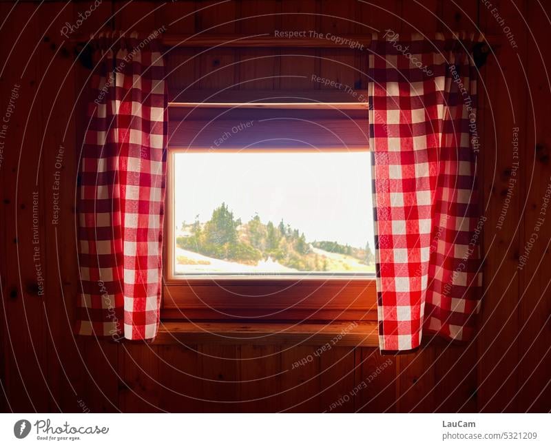 Auf der Alm - Fenster mit Ausblick Ausblck Gardinen in den Bergen Bäume kariert drinnen draußen Vorhang Licht Rast Wanderpause wandern Fensterbrett