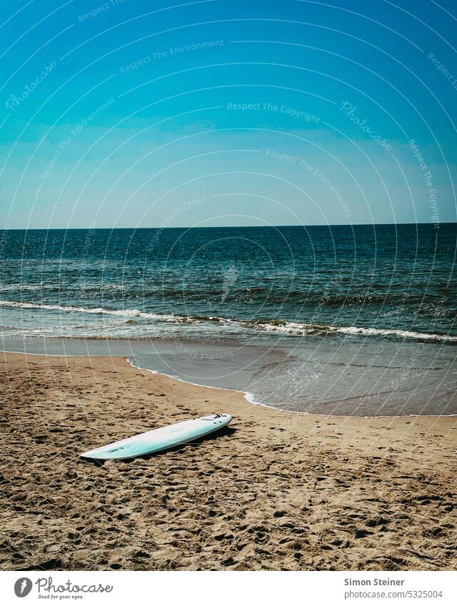 Surfbrett am Meer Strand Nordsee Himmel Sommer Brett Strandleben Sand Sonne Küste Außenaufnahme Landschaft Wasser Wellen Natur