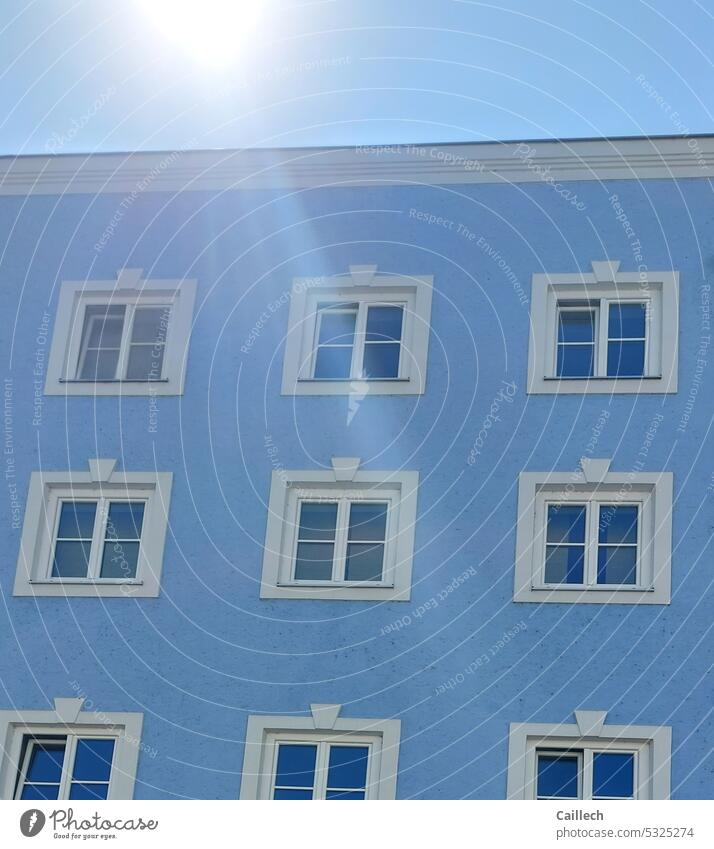 Blau in blau Blauer Himmel Haus Schönes Wetter Menschenleer Farbfoto Tag Wolkenloser Himmel Architektur Textfreiraum oben Stadt Fenster Bauwerk Außenaufnahme