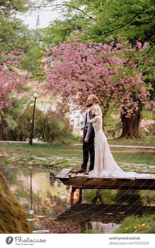 Schöne, fröhliche und lebendige Jungvermählten, Bräutigam und Braut sind in der Nähe der blühenden rosa Kirschblüte umarmt. Hochzeit Porträt einer Nahaufnahme von einem lächelnden bärtigen Bräutigam und eine süße Braut.