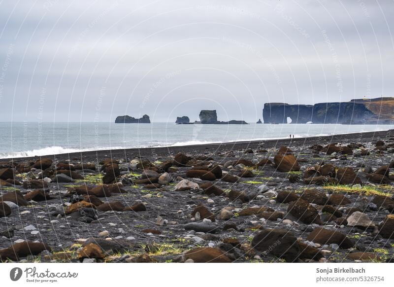 Dyrhólaey, Island vom Strand Reynisfjara aus gesehen im Sommer Dyrholaey schwarzer Sandstrand Meer Steine Lava vulkanisch Wasser Ansicht reisen Tourismus Ufer