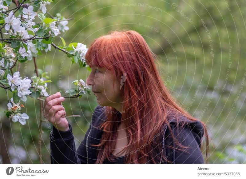 MainFux | "Riecht gar nicht nach Apfel..." Frau grün Duft Frühling Apfelblüte riechen intensiv schön Ausstrahlung sympathisch feurig rothaarig langhaarig