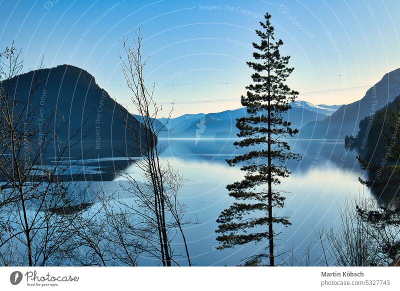 Blick auf den See Oppstrynsvatnet in Norwegen in den Morgenstunden. Schneebedeckte Berge Gebirgssee Skandinavien Sonnenschein Frühnebel Reflexion & Spiegelung