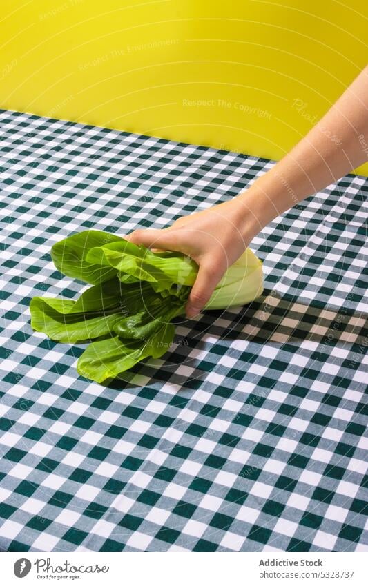 Unbekannte Person nimmt Grünkohl vom Tisch Bok Choi Kohlgewächse Serviette Gemüse Lebensmittel Koch frisch Gesundheit organisch Mahlzeit Vegetarier Diät Veganer