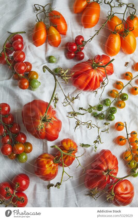 Frische reife Fleischtomaten auf weißer Kleidung Tomaten rot frisch roh Blatt Ast Gemüse Gewebe Vorbau verschiedene gesunde Ernährung natürlich lecker