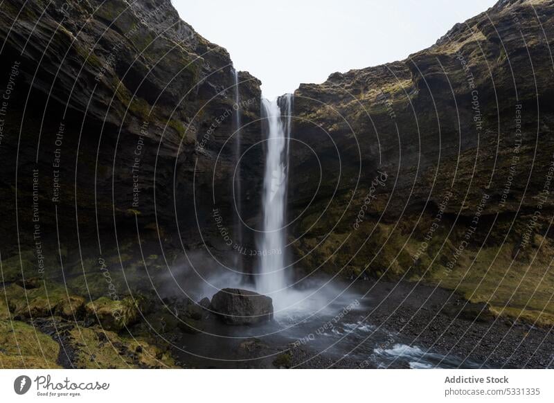 Beeindruckender Wasserfall in felsigem Gelände Landschaft Berge u. Gebirge Wälder Island Wald Seljalandsfoss Felsen fallen kvernufoss fließen strömen Natur