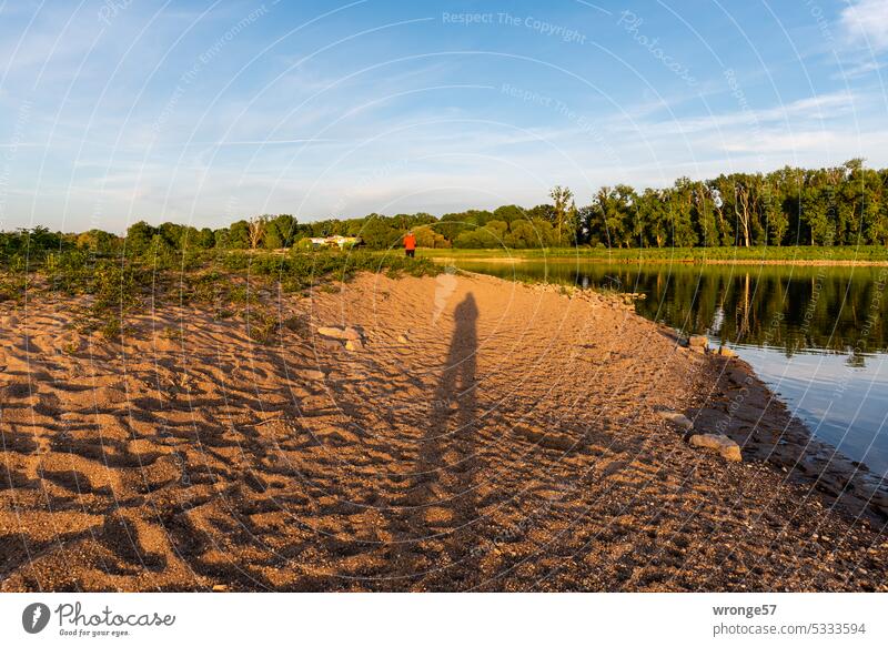 Kiesstrand an der Elbe bei Schönebeck im Abendlicht Uferzone Buhne Kiesablagerung abends niedriger Sonnenstand langer Schatten Außenaufnahme Farbfoto Himmel