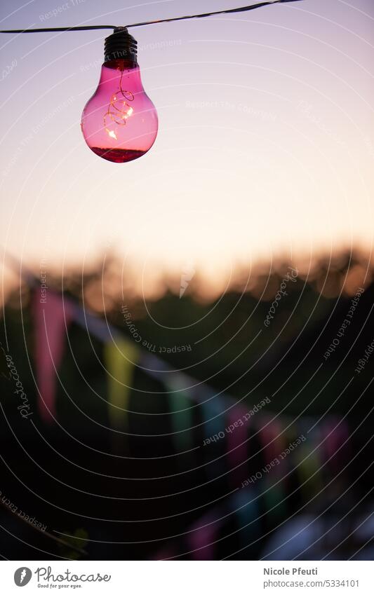 Kleines Licht in der Dämmerung Abend Sonnenuntergang Fest Farbfoto Deko Wimpel Glühbirne bunt geschmückt Girlande Feste & Feiern mehrfarbig Wimpelkette Fähnchen