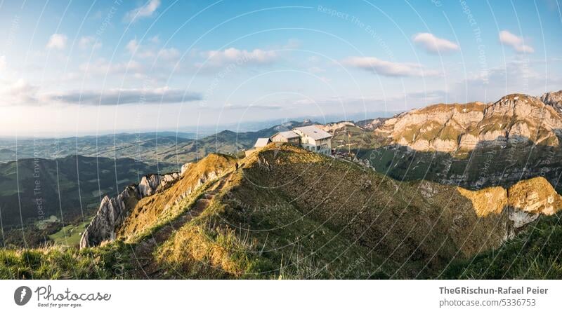 Berge in Abenddämmerung Felsen Schweiz Appenzellerland Stein wandern touristisch Außenaufnahme Tourismus Berge u. Gebirge Farbfoto schweiz alpstein