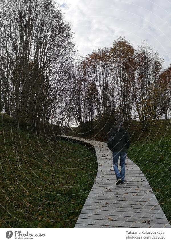 Rückansicht eines Mannes, der im Spätherbst bei bewölktem Wetter auf einem hölzernen Fußgängerweg in Jeans und Jacke spazieren geht laufen bewölktes Wetter