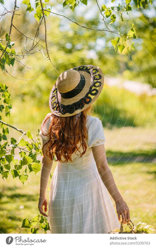 Unbekannte Frau mit Weidenkorb spaziert in sonniger Natur Spaziergang Korb Rasen Feld Sommer Landschaft Baum Garten Strohhut üppig (Wuchs) grasbewachsen Wiese