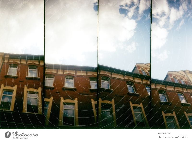 Panoramic Haus rot Fenster Gardine Wolken Reflexion & Spiegelung Leipzig Himmel Lomografie supersampler blau