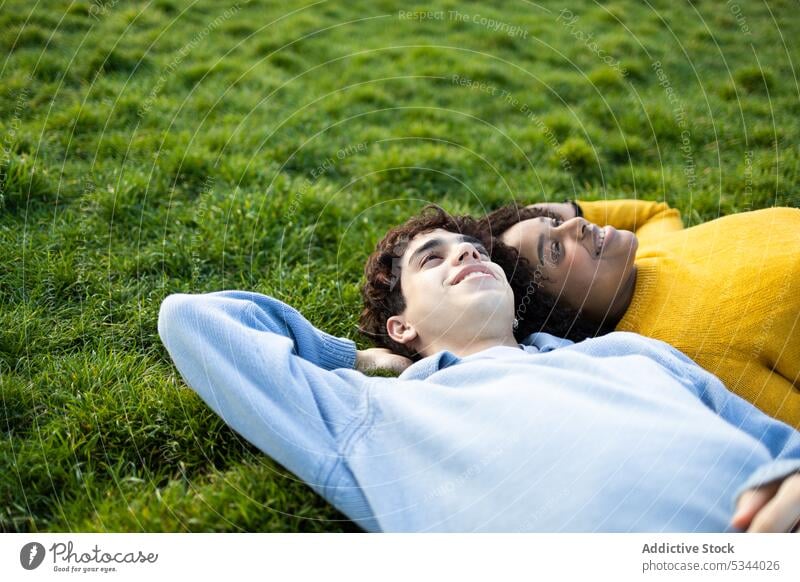 Glückliche diverse Freunde liegen auf Gras im Park Mann Frau Lügen Freundschaft Lächeln Hand hinter dem Rücken sich[Akk] entspannen Tageslicht tagsüber