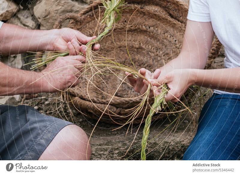 Frau mit Vater beim Sammeln von Halfah-Gras für das Naturfaserhandwerk Mann esparto abholen Landwirt Handwerk Familienunternehmen Ernte Gärtner vorbereiten