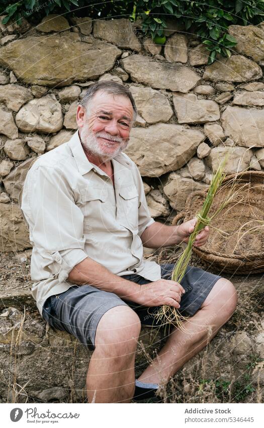 Älterer Mann verwendet Espartogras beim Korbflechten Weben esparto Gras Kunstgewerbler Landschaft Handwerk Natur Fokus Arbeit männlich lässig Vollbart Sehne