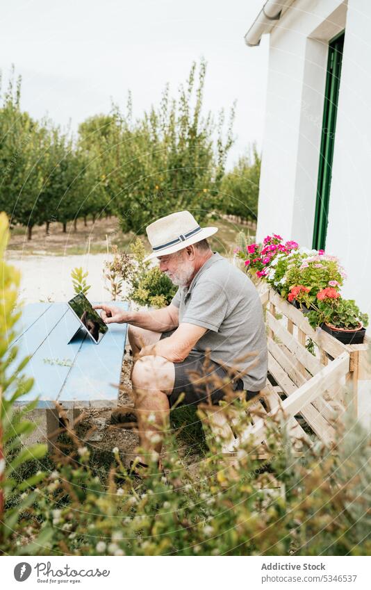 Älterer Bauer benutzt Tablette im Garten Mann Landwirt benutzend Pause Haus Daten Landschaft Sommer männlich Bauernhof Tisch Bank schäbig ruhen Gerät Apparatur