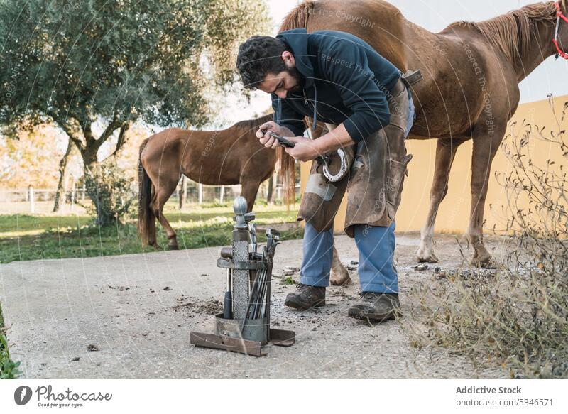 Hufschmied beschlägt Pferd außerhalb des Stalls Mann Hufeisen Pferdestall Ranch braun befestigen Arbeit nageln männlich Hammer aufschlagen Schuh Säugetier Tier