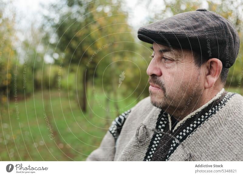 Nachdenklicher Mann mit Baskenmütze, der in die Ferne gegen Bäume schaut Tradition besinnlich Stil Porträt Landschaft nachdenklich Natur Outfit mapuche temuco