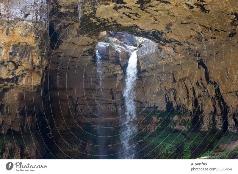 undichte Stelle II Wasserfall Höhle Natur Stein Farbfoto Felsen fließen Außenaufnahme Fluss Bach nass natürlich Urelemente Berge u. Gebirge grün Schlucht Kraft