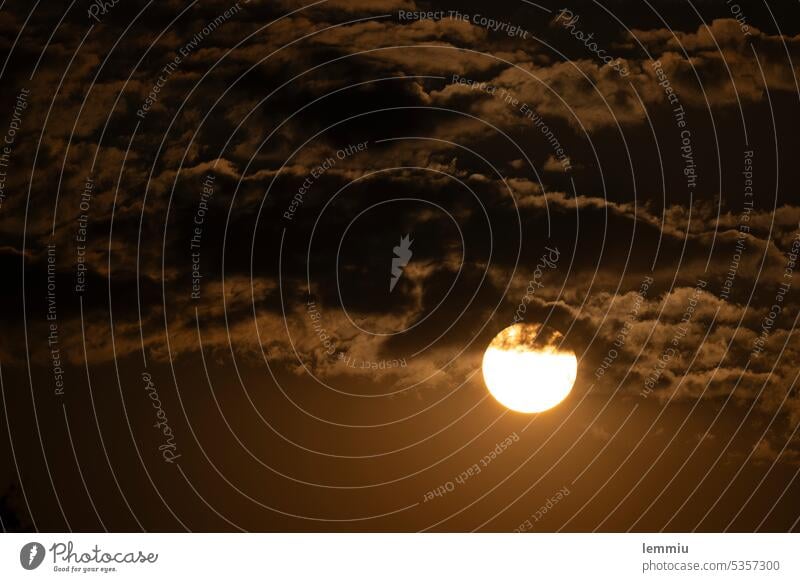 Wolken im Sonnenuntergang Himmel Abend Abenddämmerung Dämmerung orange Sonnenlicht Licht Außenaufnahme bewölkt gelb Kontrast Farbfoto Gegenlicht