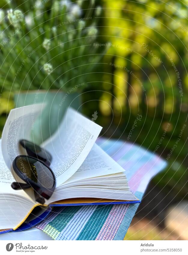 Ein Buch mit Sonnenbrille liegt auf einem Tisch im Garten, dahinter steht ein weißer Lavendel im Topf Gartenzaun Pflanzen Sonnenlicht Sommer Erholung gemütlich