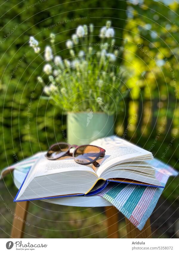 Ein Buch mit Sonnenbrille liegt auf einem Tisch im Garten, dahinter steht ein weißer Lavendel im Topf No. 2 Gartenzaun Pflanzen Sonnenlicht Sommer Erholung